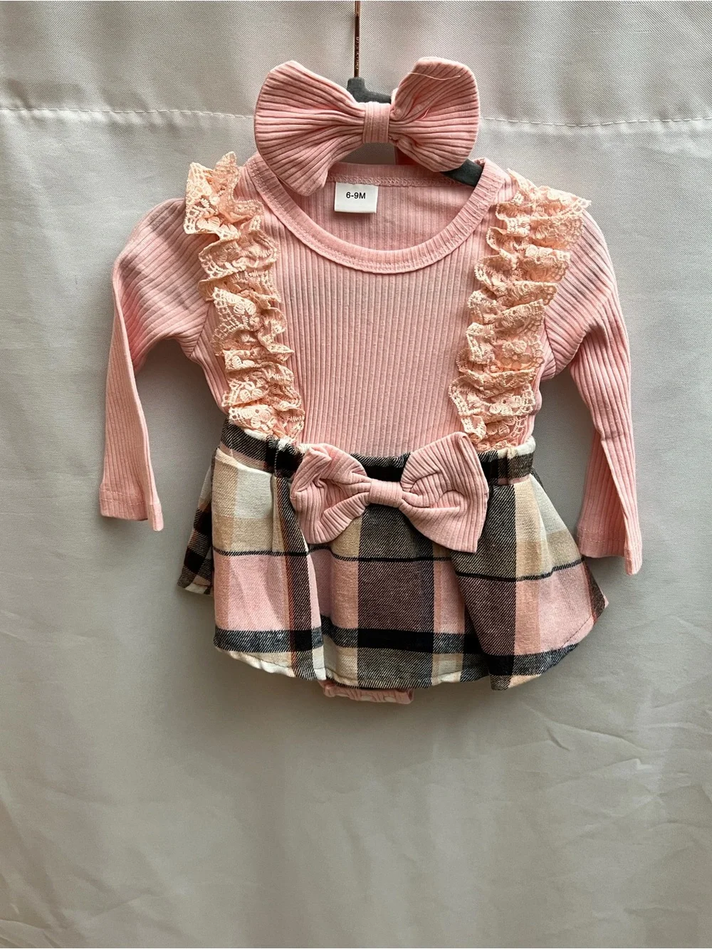 Baby Girl Pink Plaid Lace Ruffle Skirted Romper With Headband 6-9M